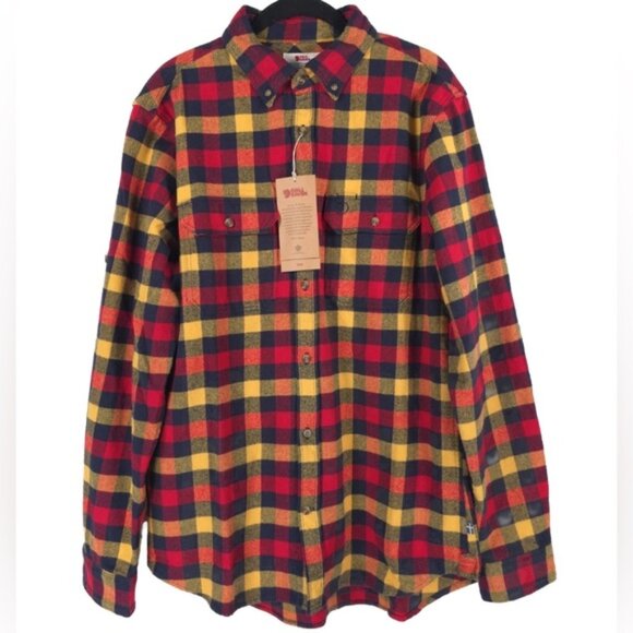 NWT‎ FJALLRAVEN Flannel Shirt Red Plaid Skog Slim Fit Long Sleeve Outdoor LARGE - Picture 1 of 16